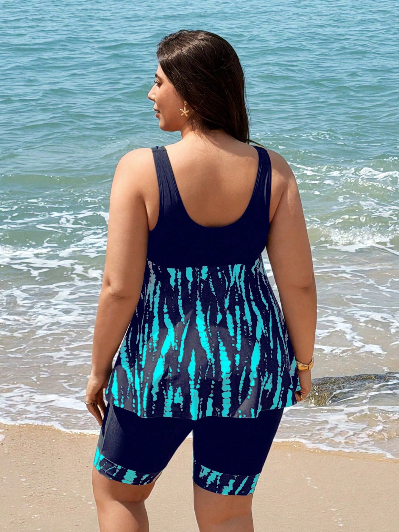 Swim Lushoire 2026 New Plus Size Women's Tankini Swimsuit Two Pieces Set,Navy Blue Backless Bikini With Skirt,Digital Print For Summer,Beach,Vacation,Holiday,Party