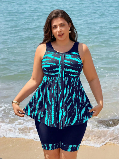 Swim Lushoire 2026 New Plus Size Women's Tankini Swimsuit Two Pieces Set,Navy Blue Backless Bikini With Skirt,Digital Print For Summer,Beach,Vacation,Holiday,Party