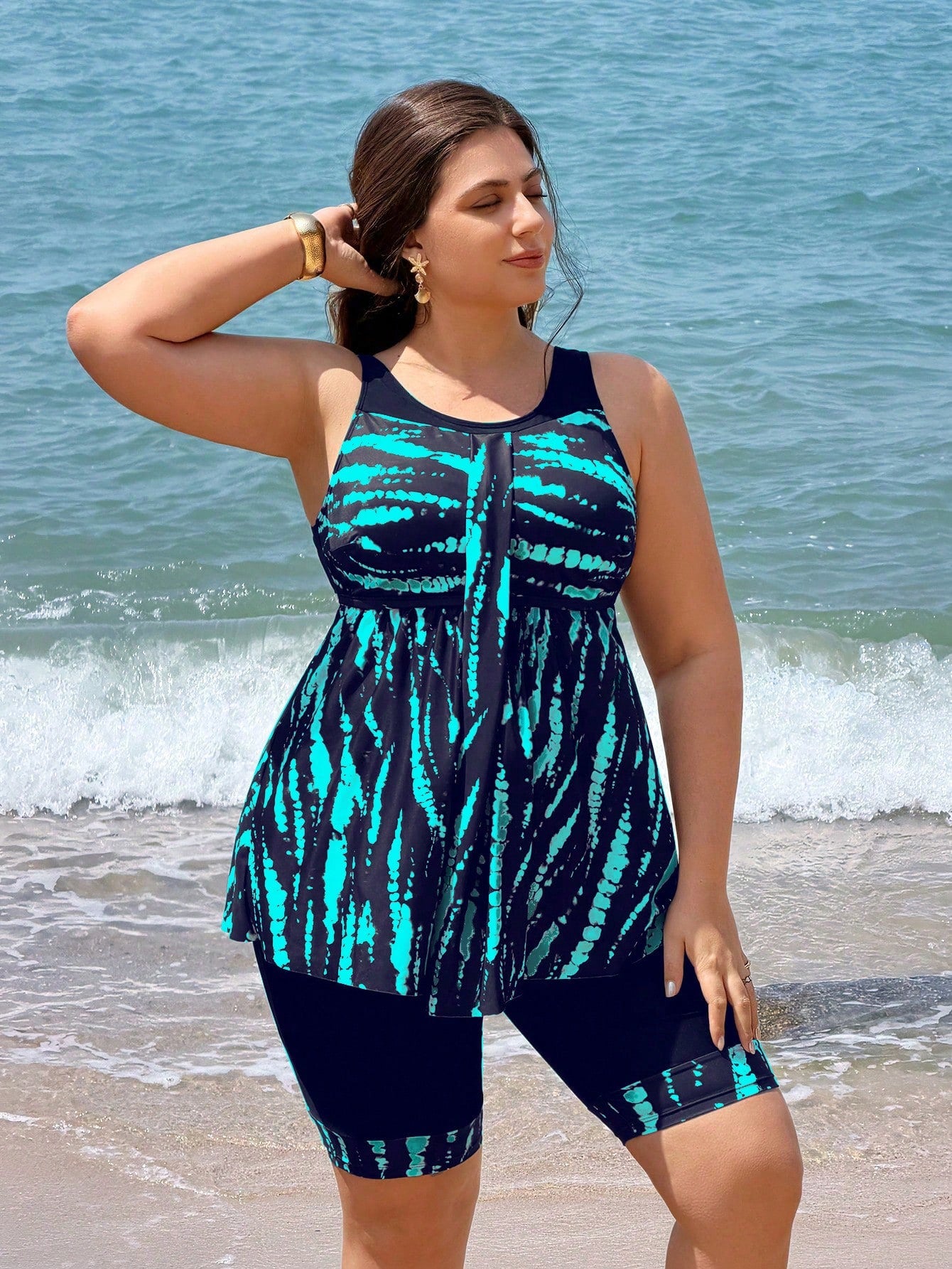 Swim Lushoire 2026 New Plus Size Women's Tankini Swimsuit Two Pieces Set,Navy Blue Backless Bikini With Skirt,Digital Print For Summer,Beach,Vacation,Holiday,Party
