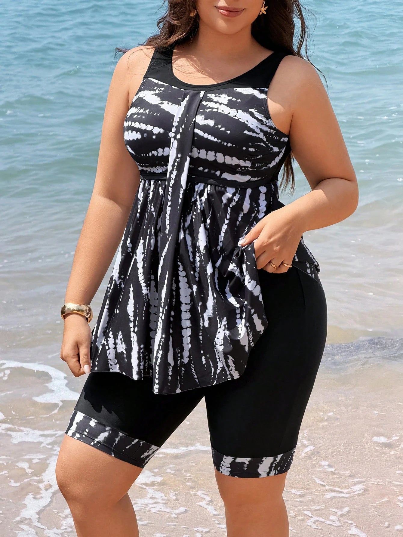 Swim Lushoire 2026 New Plus Size Women's Tankini Swimsuit Two Pieces Set,Navy Blue Backless Bikini With Skirt,Digital Print For Summer,Beach,Vacation,Holiday,Party