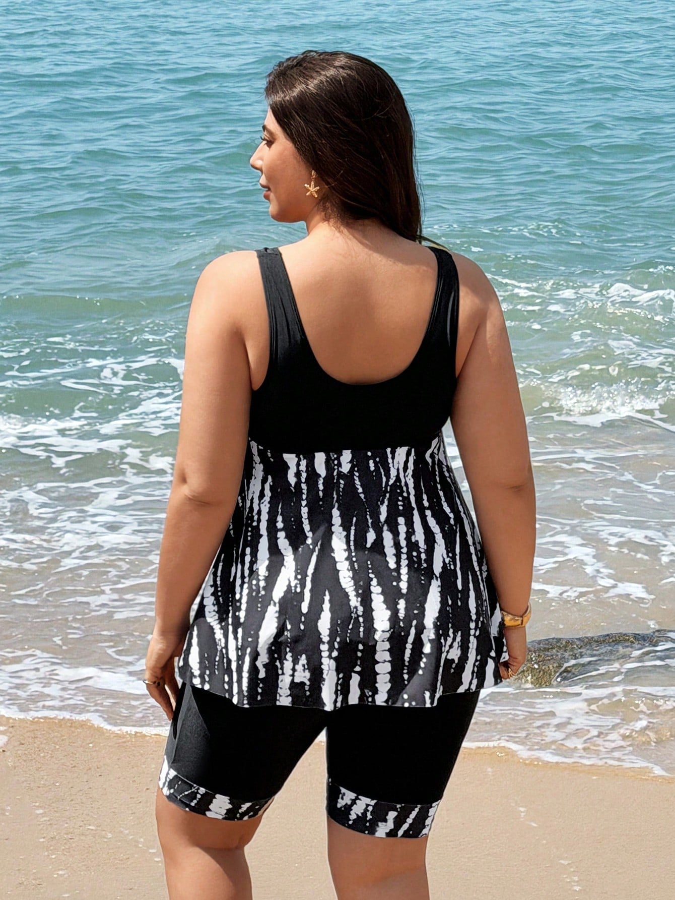 Swim Lushoire 2026 New Plus Size Women's Tankini Swimsuit Two Pieces Set,Navy Blue Backless Bikini With Skirt,Digital Print For Summer,Beach,Vacation,Holiday,Party
