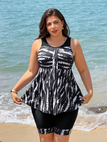 Swim Lushoire 2026 New Plus Size Women's Tankini Swimsuit Two Pieces Set,Navy Blue Backless Bikini With Skirt,Digital Print For Summer,Beach,Vacation,Holiday,Party