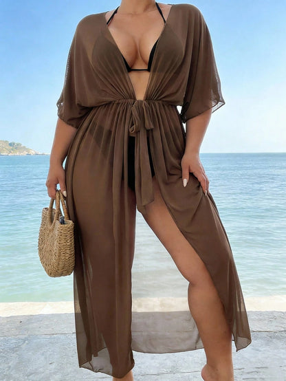 Swim Lushoire 2026 New Summer Beach Vacation Casual Loose V-Neck Waist Tie Sleeve Robe, Regular Fit Leisure Holiday Kimono, Plus Size