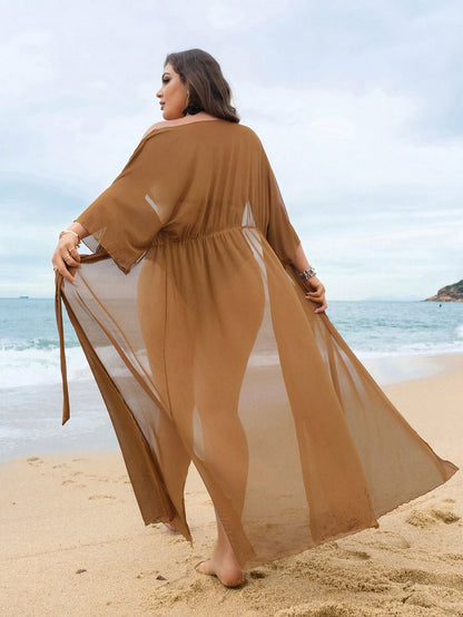 Swim Lushoire 2026 New Summer Beach Vacation Casual Loose V-Neck Waist Tie Sleeve Robe, Regular Fit Leisure Holiday Kimono, Plus Size