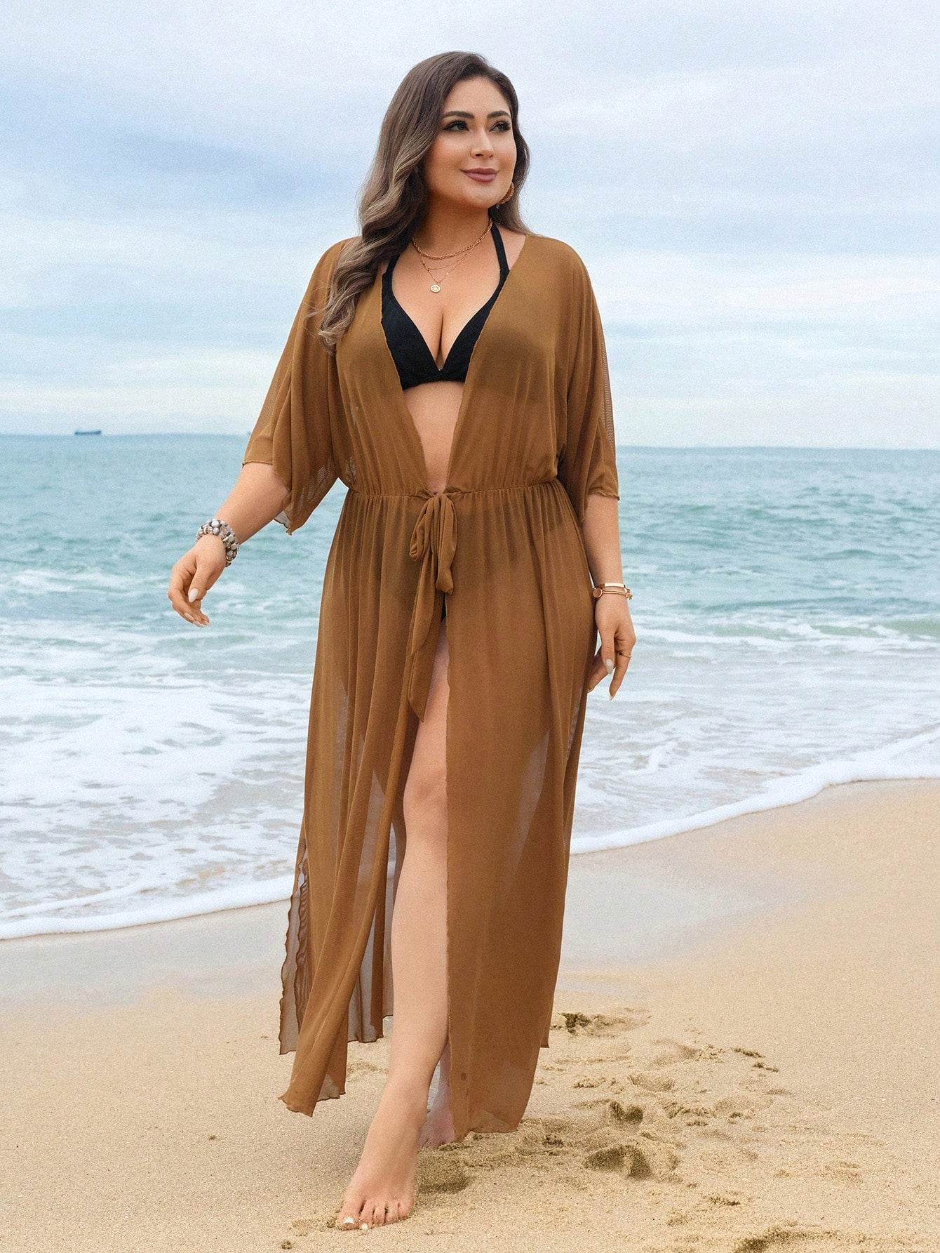 Swim Lushoire 2026 New Summer Beach Vacation Casual Loose V-Neck Waist Tie Sleeve Robe, Regular Fit Leisure Holiday Kimono, Plus Size