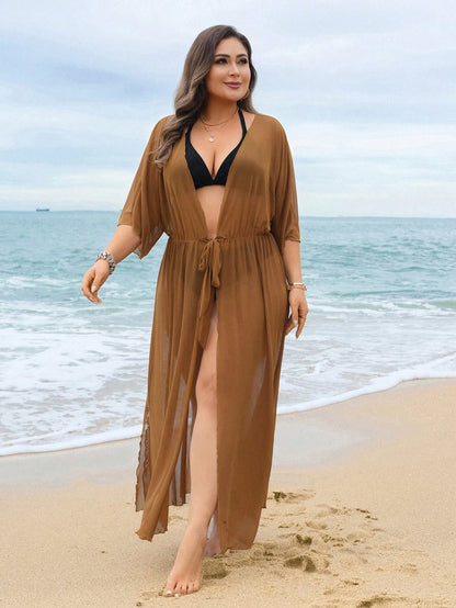 Swim Lushoire 2026 New Summer Beach Vacation Casual Loose V-Neck Waist Tie Sleeve Robe, Regular Fit Leisure Holiday Kimono, Plus Size