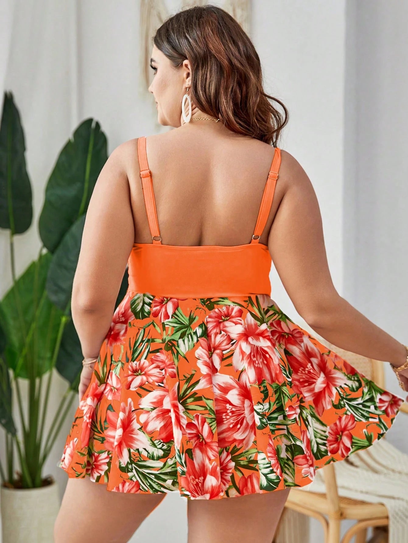 Swim Lushoire 2pcs/Set Plus Size Women's Random Print Camisole & A-Line Skirt Tankini Swimsuit, Flattering & Casual For Beach Resort For Summer Beach Vacation