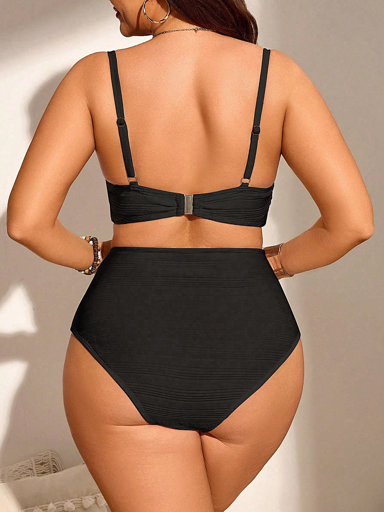 Swim Lushoire 2pcs/Set Plus Size Women Solid Color Crisscross Front Adjustable Strap Swimwear Vacation Outfit, For Summer Beach