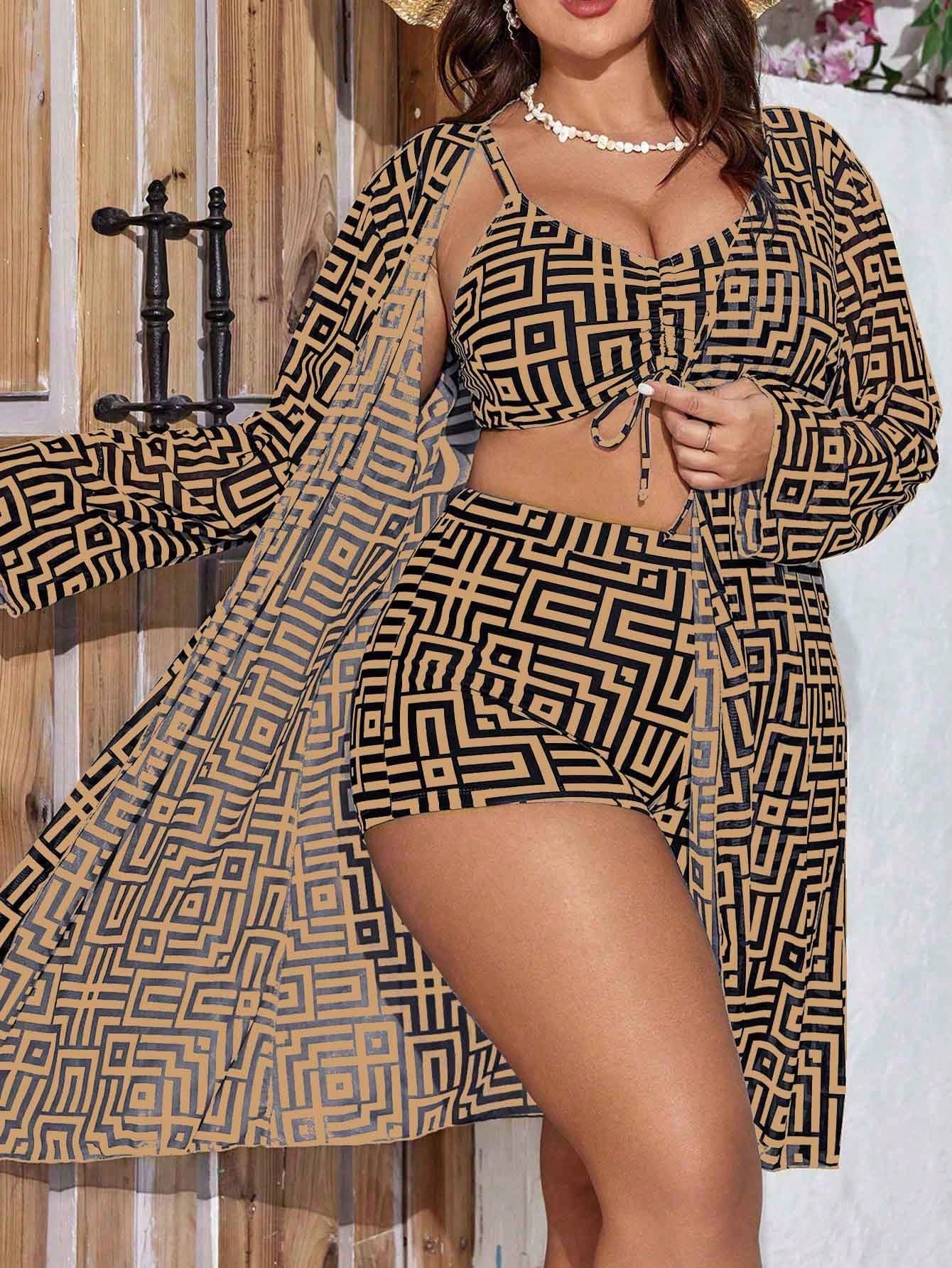 Swim Lushoire 3pcs Plus Size Women's Spiral Print Camisole Drawstring Separate Piece Vacation Casual Bikini Set With Long Sleeve Kimono Cover Up Summer