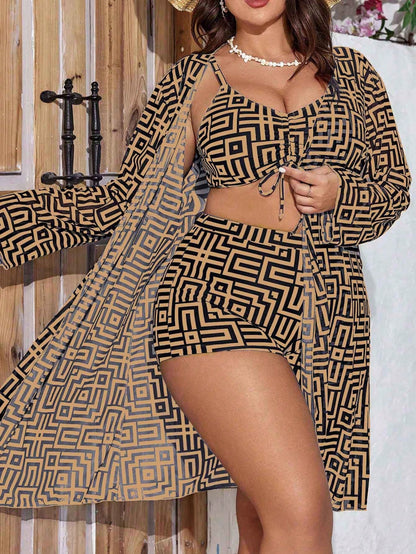 Swim Lushoire 3pcs Plus Size Women's Spiral Print Camisole Drawstring Separate Piece Vacation Casual Bikini Set With Long Sleeve Kimono Cover Up Summer