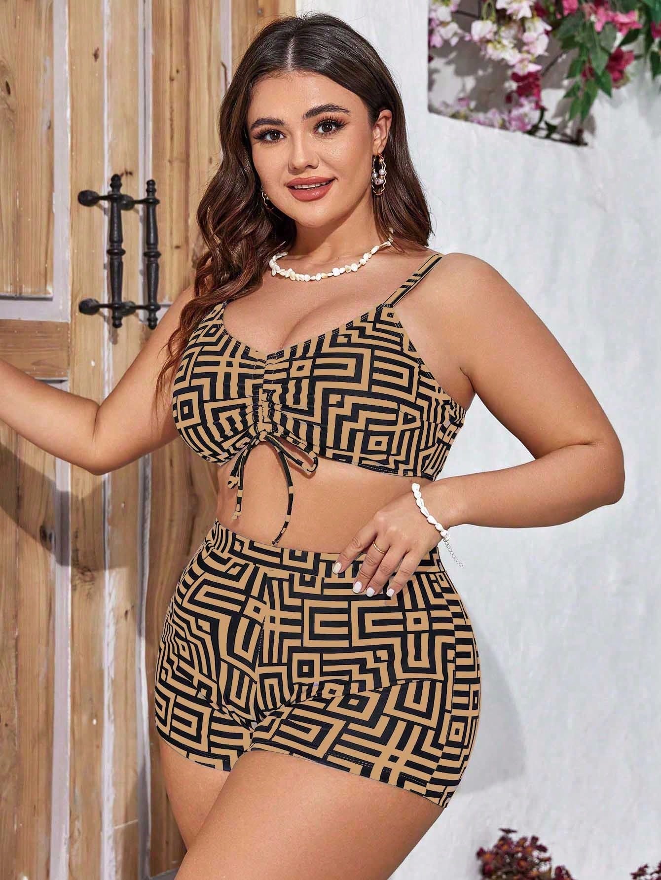 Swim Lushoire 3pcs Plus Size Women's Spiral Print Camisole Drawstring Separate Piece Vacation Casual Bikini Set With Long Sleeve Kimono Cover Up Summer