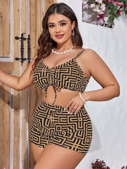 Swim Lushoire 3pcs Plus Size Women's Spiral Print Camisole Drawstring Separate Piece Vacation Casual Bikini Set With Long Sleeve Kimono Cover Up Summer