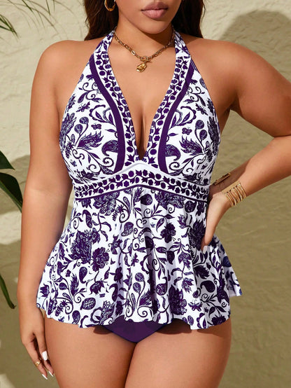 Swim Lushoire Plus Size 2pcs Multicolor Printed Spaghetti Strap Backless Bikini Set