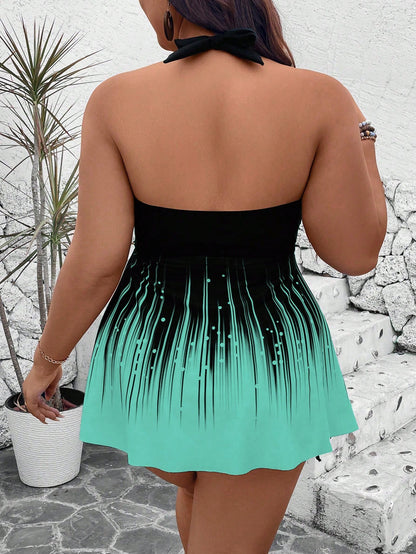 Swim Lushoire Plus Size 2Pcs Set:Print Crop Top And High Waist Black Solid Color Hotpants With Drawstring,Backless Halter Bikini For Summer,Kawaii,Beach,Holiday