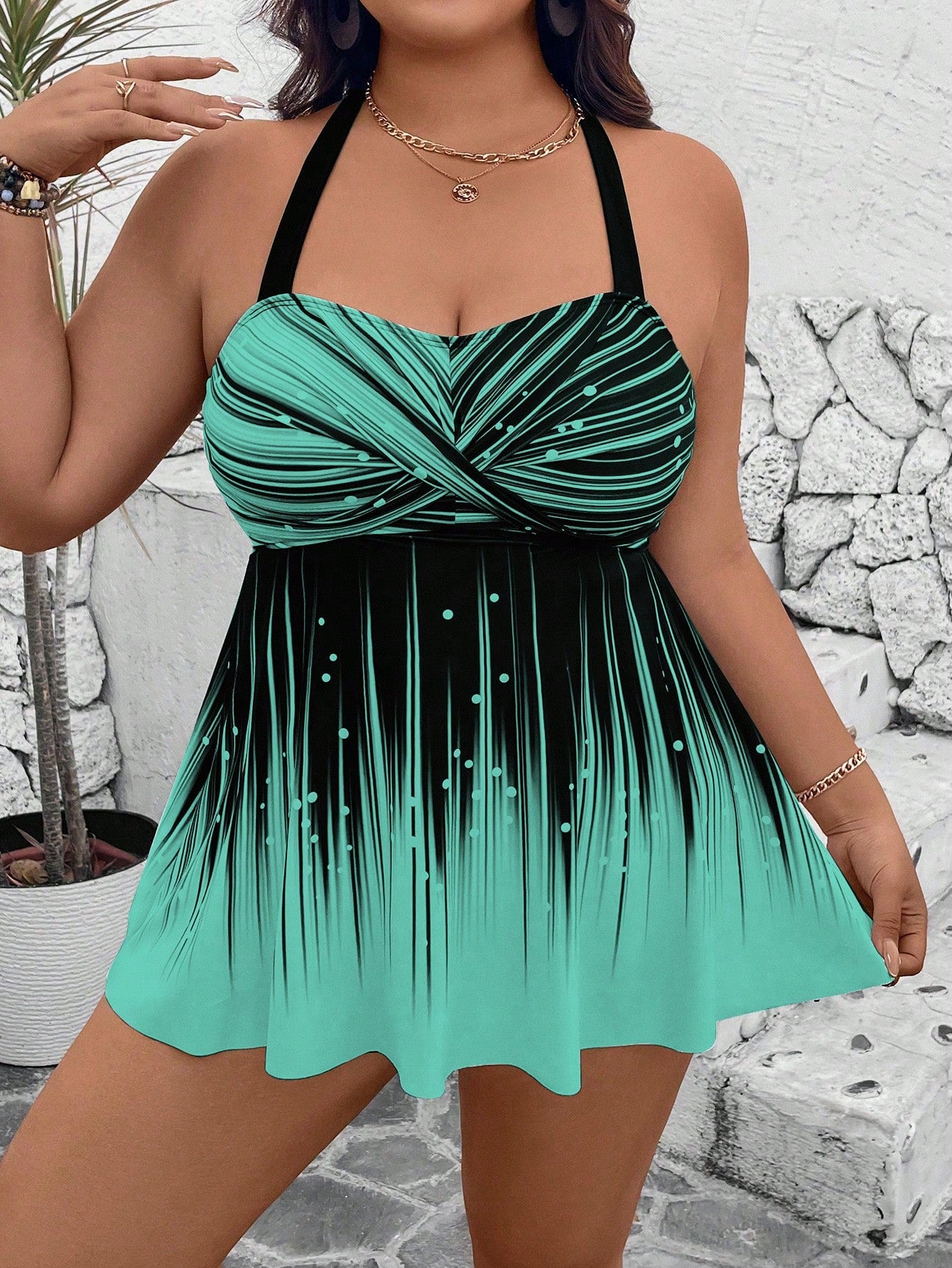 Swim Lushoire Plus Size 2Pcs Set:Print Crop Top And High Waist Black Solid Color Hotpants With Drawstring,Backless Halter Bikini For Summer,Kawaii,Beach,Holiday