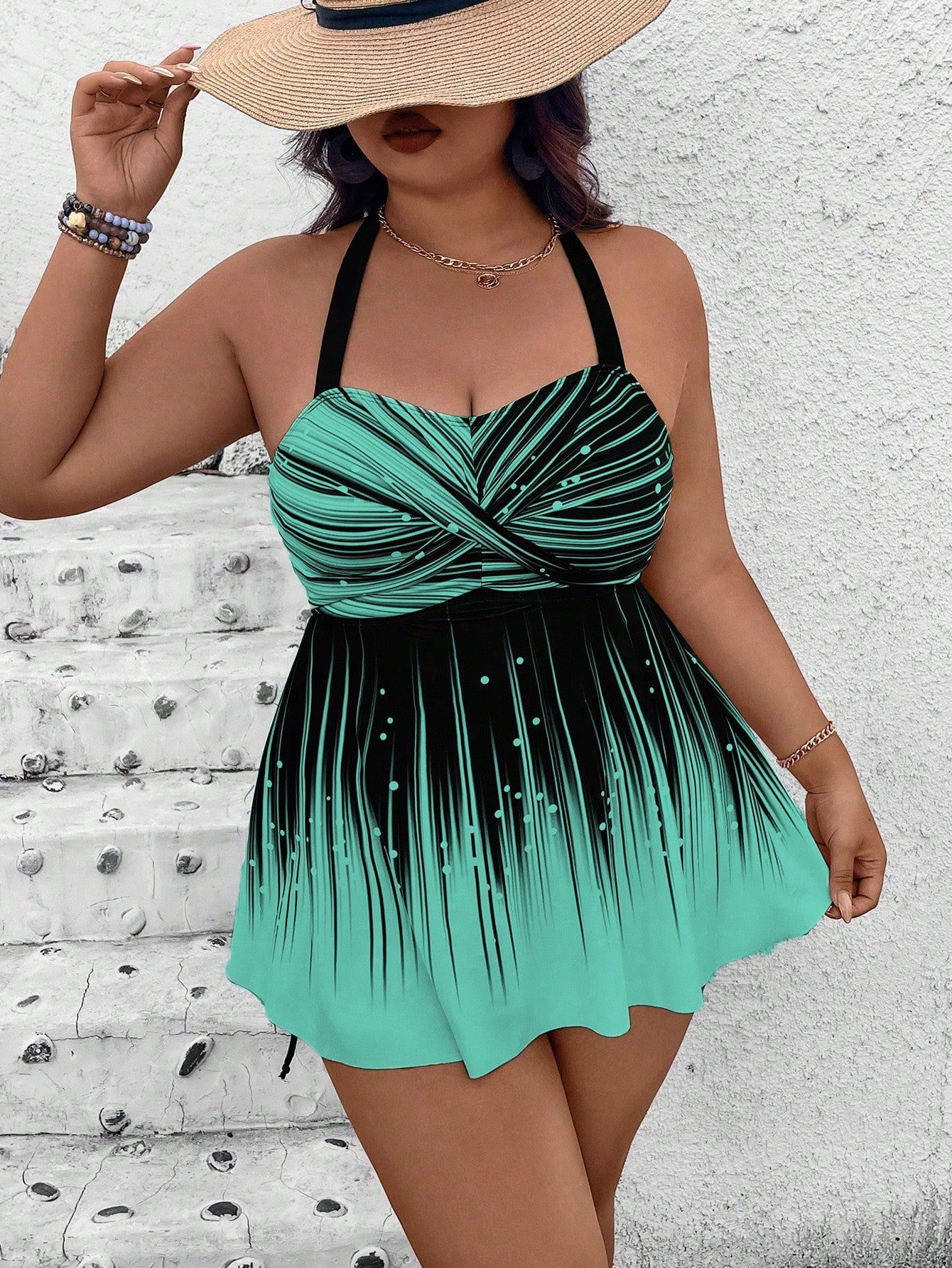 Swim Lushoire Plus Size 2Pcs Set:Print Crop Top And High Waist Black Solid Color Hotpants With Drawstring,Backless Halter Bikini For Summer,Kawaii,Beach,Holiday