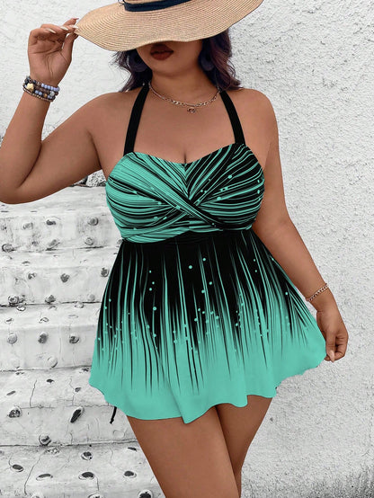 Swim Lushoire Plus Size 2Pcs Set:Print Crop Top And High Waist Black Solid Color Hotpants With Drawstring,Backless Halter Bikini For Summer,Kawaii,Beach,Holiday