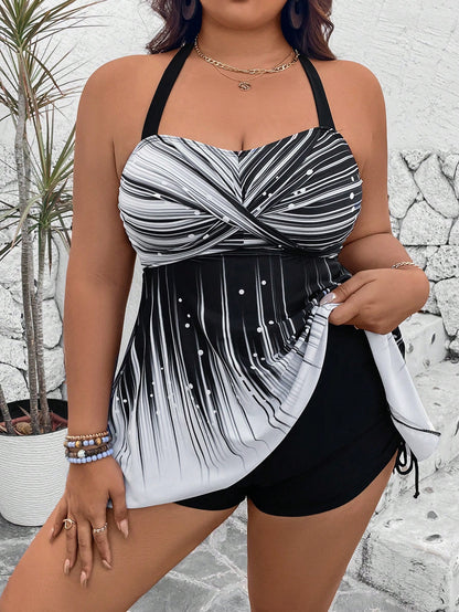Swim Lushoire Plus Size 2Pcs Set:Print Crop Top And High Waist Black Solid Color Hotpants With Drawstring,Backless Halter Bikini For Summer,Kawaii,Beach,Holiday