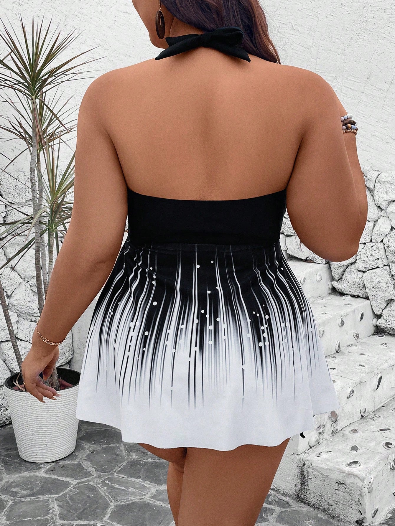 Swim Lushoire Plus Size 2Pcs Set:Print Crop Top And High Waist Black Solid Color Hotpants With Drawstring,Backless Halter Bikini For Summer,Kawaii,Beach,Holiday