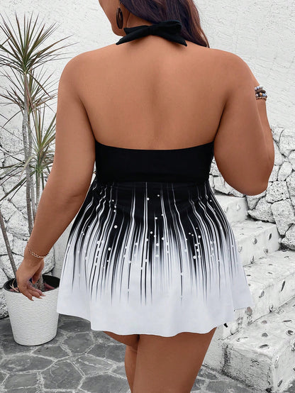 Swim Lushoire Plus Size 2Pcs Set:Print Crop Top And High Waist Black Solid Color Hotpants With Drawstring,Backless Halter Bikini For Summer,Kawaii,Beach,Holiday