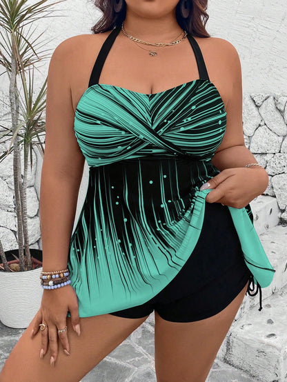 Swim Lushoire Plus Size 2Pcs Set:Print Crop Top And High Waist Black Solid Color Hotpants With Drawstring,Backless Halter Bikini For Summer,Kawaii,Beach,Holiday