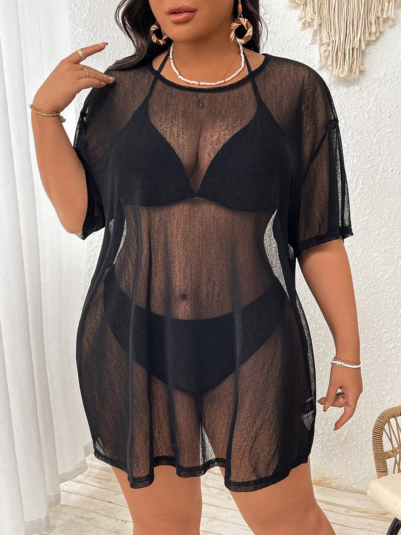 Swim Lushoire Plus Size Black Solid Sheer Mesh Crew Neck Short Sleeve Cover-Up Tee,Tropical See-Through Lightweight Summer Beach Coverup For Vacation Pool Resort