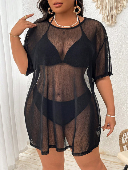 Swim Lushoire Plus Size Black Solid Sheer Mesh Crew Neck Short Sleeve Cover-Up Tee,Tropical See-Through Lightweight Summer Beach Coverup For Vacation Pool Resort