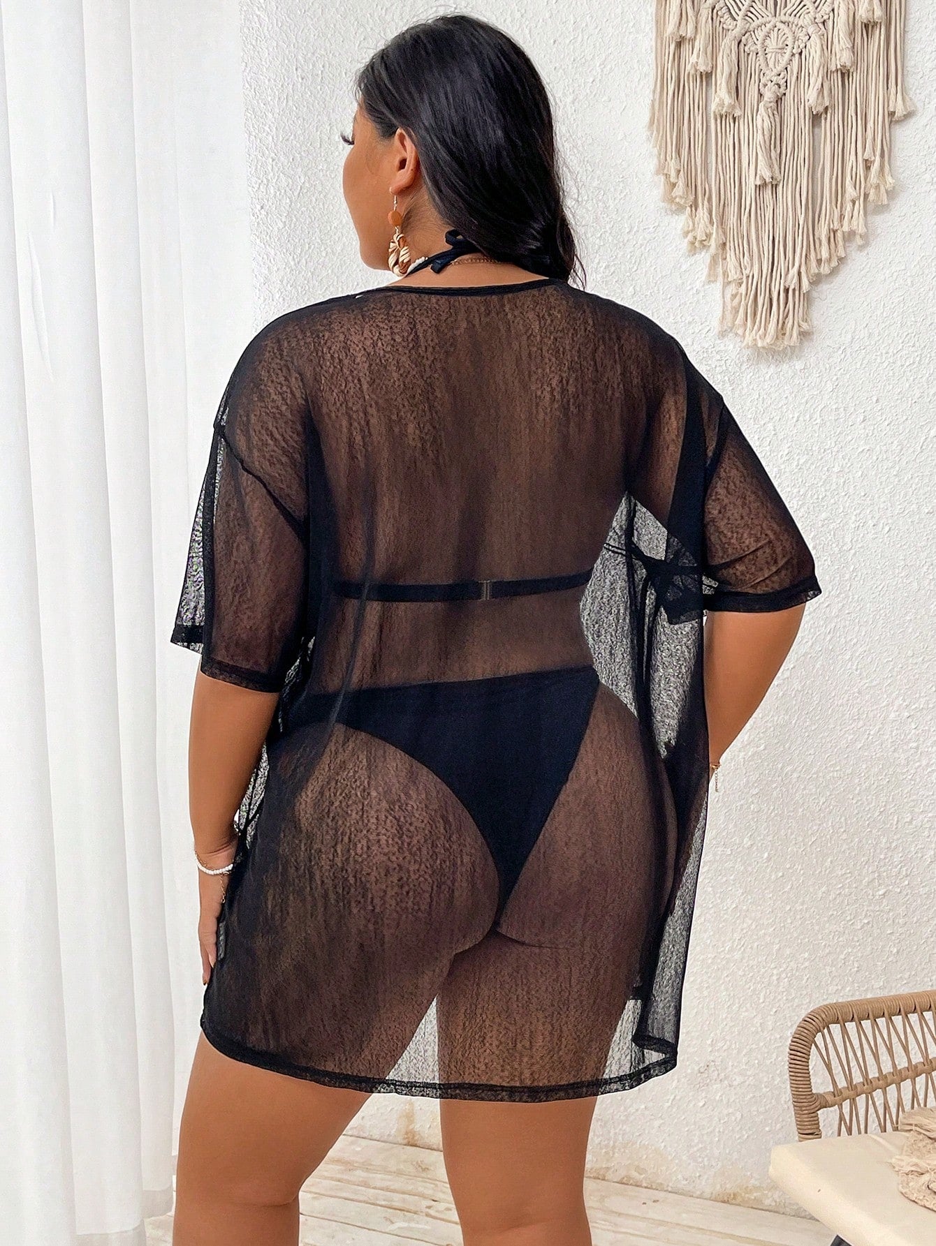 Swim Lushoire Plus Size Black Solid Sheer Mesh Crew Neck Short Sleeve Cover-Up Tee,Tropical See-Through Lightweight Summer Beach Coverup For Vacation Pool Resort