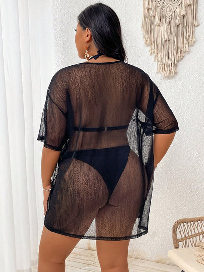 Swim Lushoire Plus Size Black Solid Sheer Mesh Crew Neck Short Sleeve Cover-Up Tee,Tropical See-Through Lightweight Summer Beach Coverup For Vacation Pool Resort