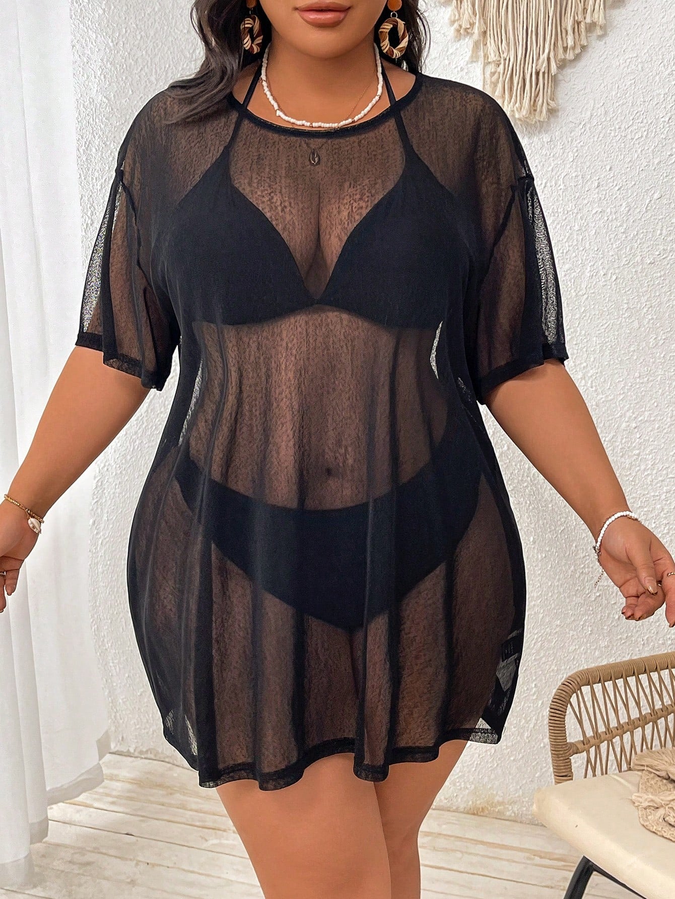Swim Lushoire Plus Size Black Solid Sheer Mesh Crew Neck Short Sleeve Cover-Up Tee,Tropical See-Through Lightweight Summer Beach Coverup For Vacation Pool Resort