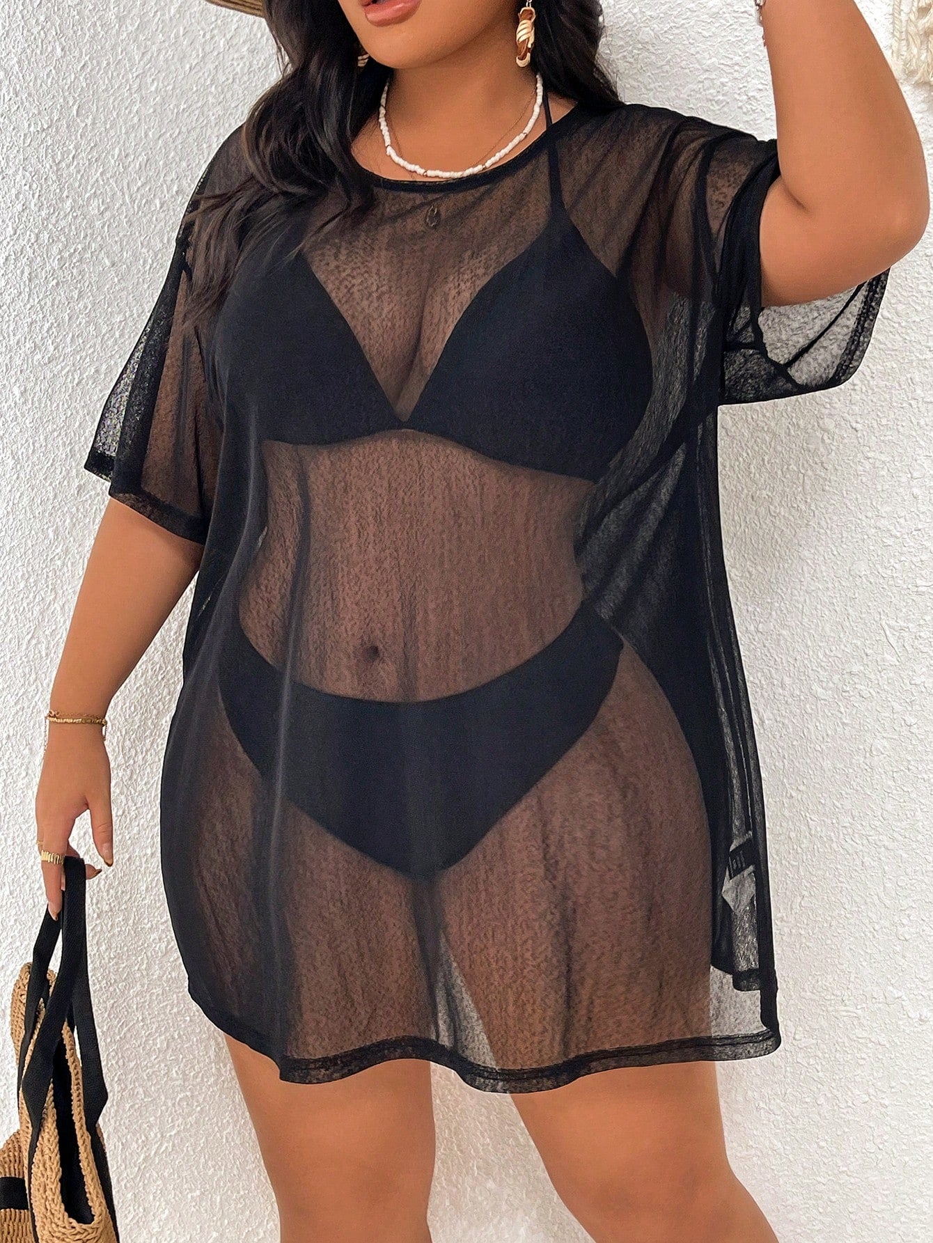 Swim Lushoire Plus Size Black Solid Sheer Mesh Crew Neck Short Sleeve Cover-Up Tee,Tropical See-Through Lightweight Summer Beach Coverup For Vacation Pool Resort