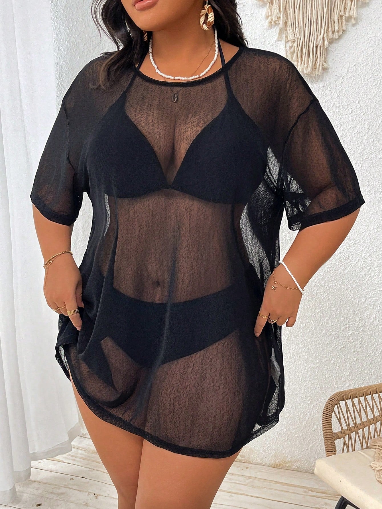 Swim Lushoire Plus Size Black Solid Sheer Mesh Crew Neck Short Sleeve Cover-Up Tee,Tropical See-Through Lightweight Summer Beach Coverup For Vacation Pool Resort