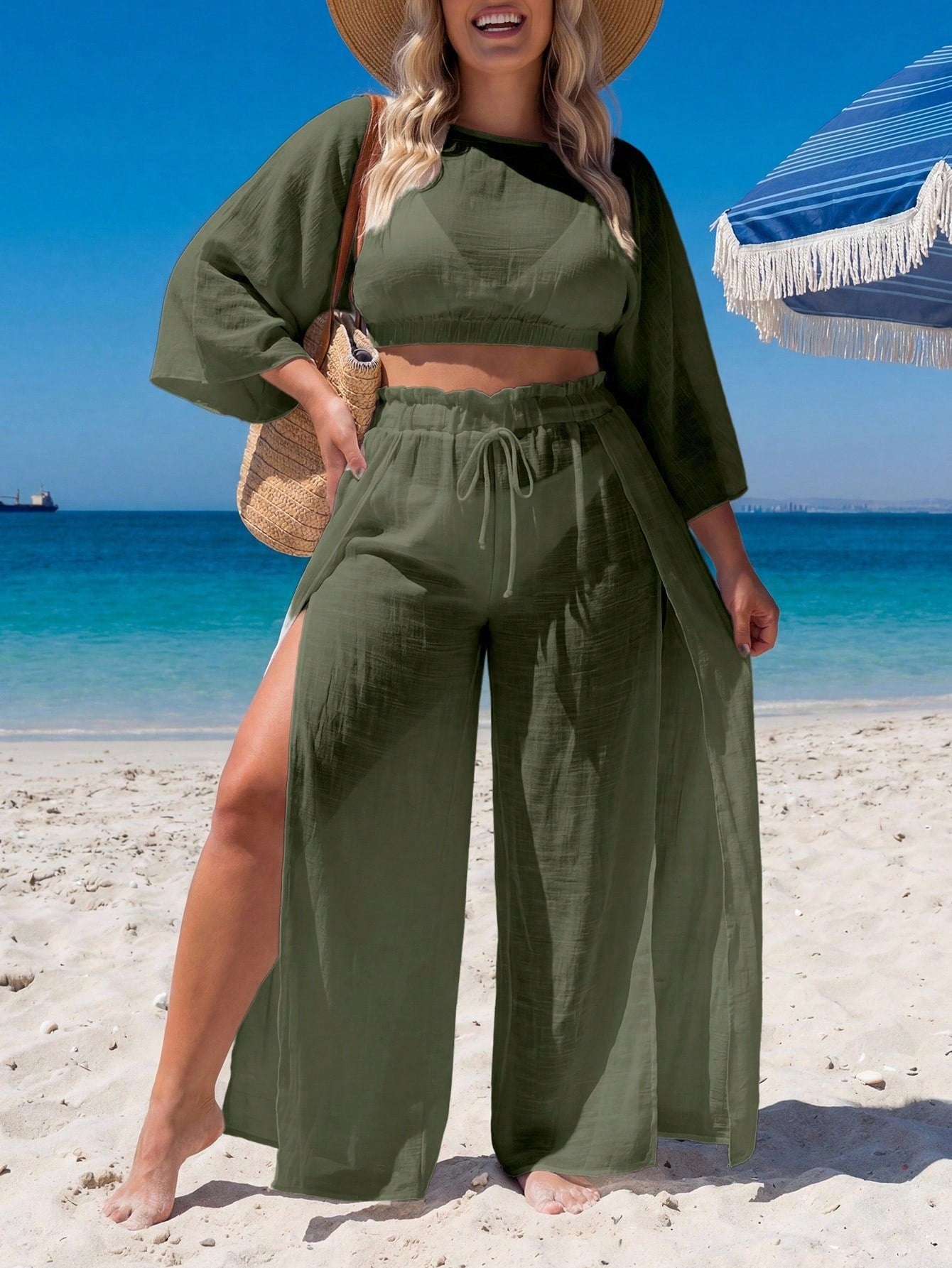 Swim Lushoire Plus Size Cover-Up Set Loose Split Cover-Up Vacation Style