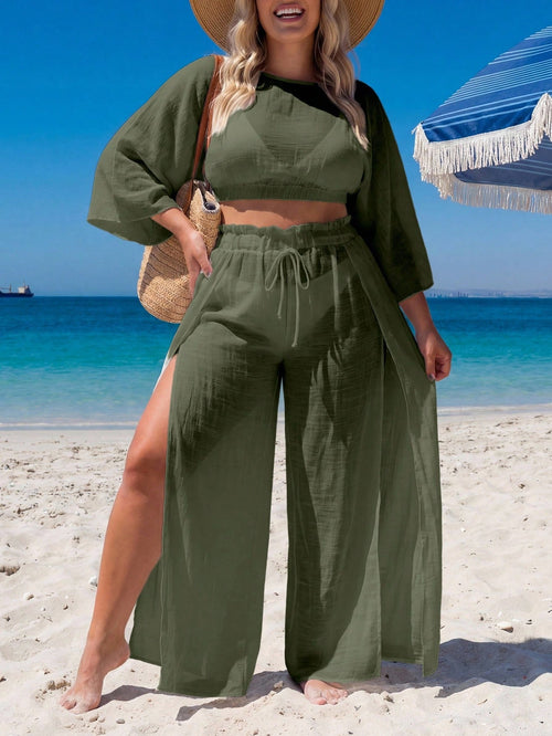 Swim Lushoire Plus Size Cover-Up Set Loose Split Cover-Up Vacation Style