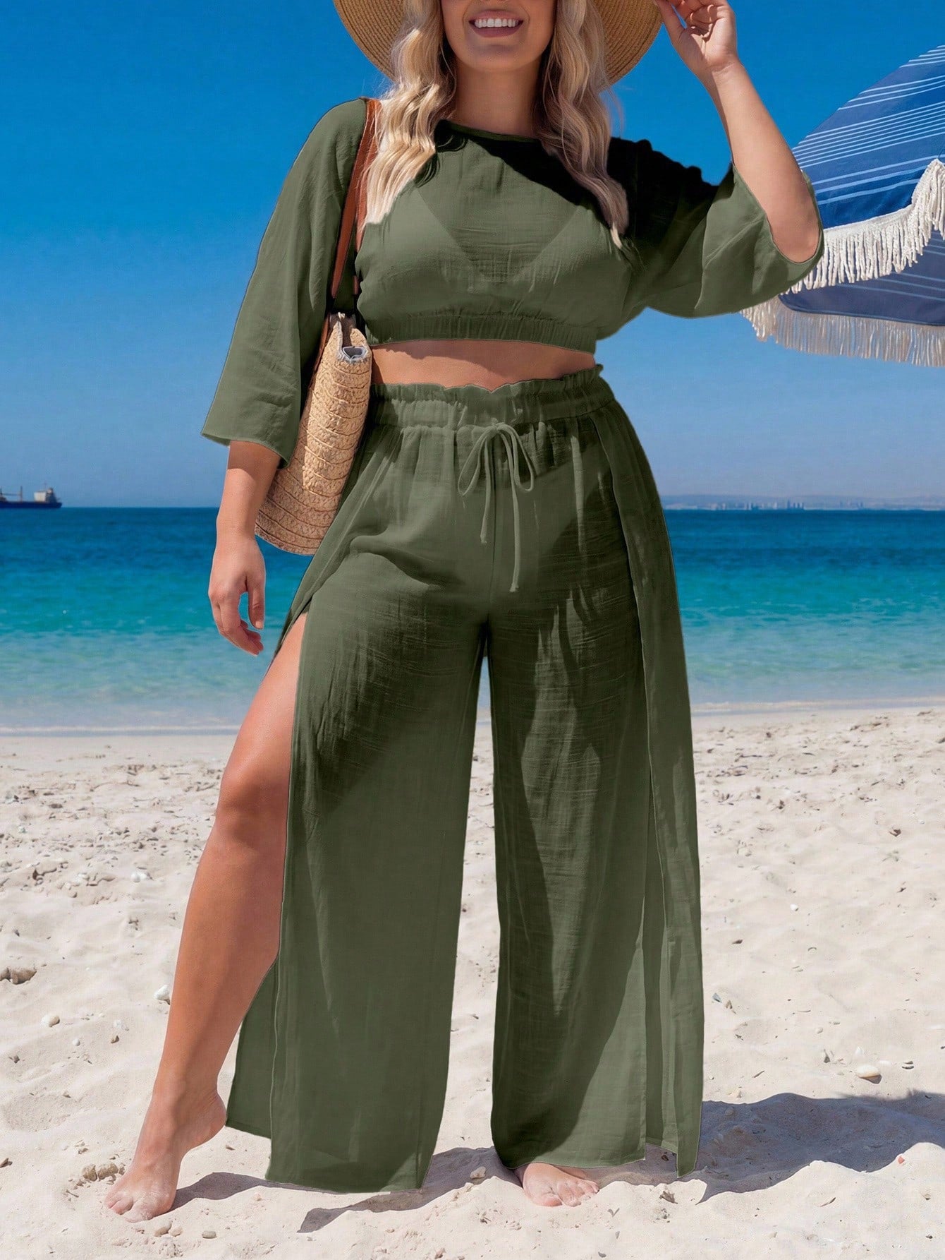 Swim Lushoire Plus Size Cover-Up Set Loose Split Cover-Up Vacation Style