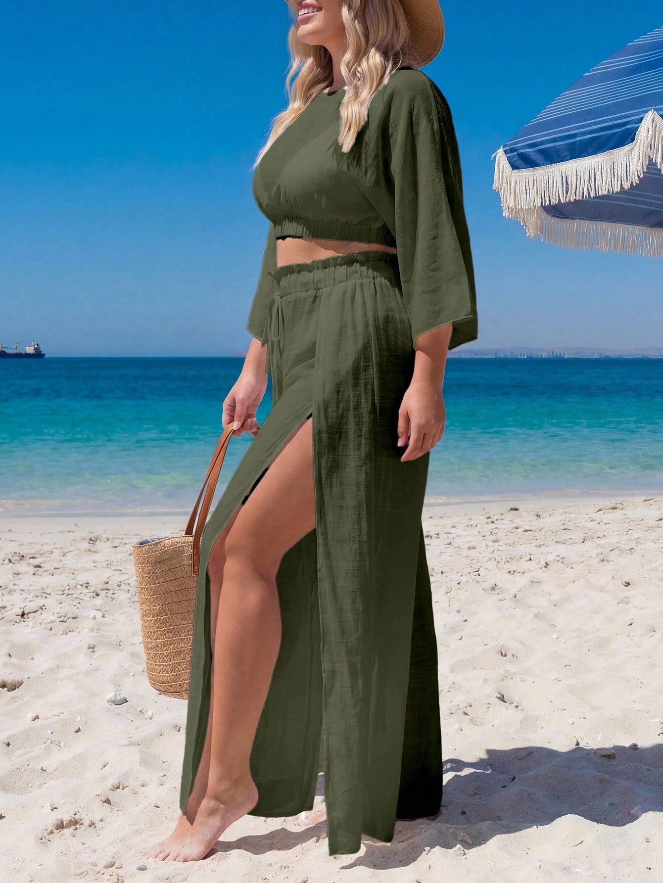 Swim Lushoire Plus Size Cover-Up Set Loose Split Cover-Up Vacation Style
