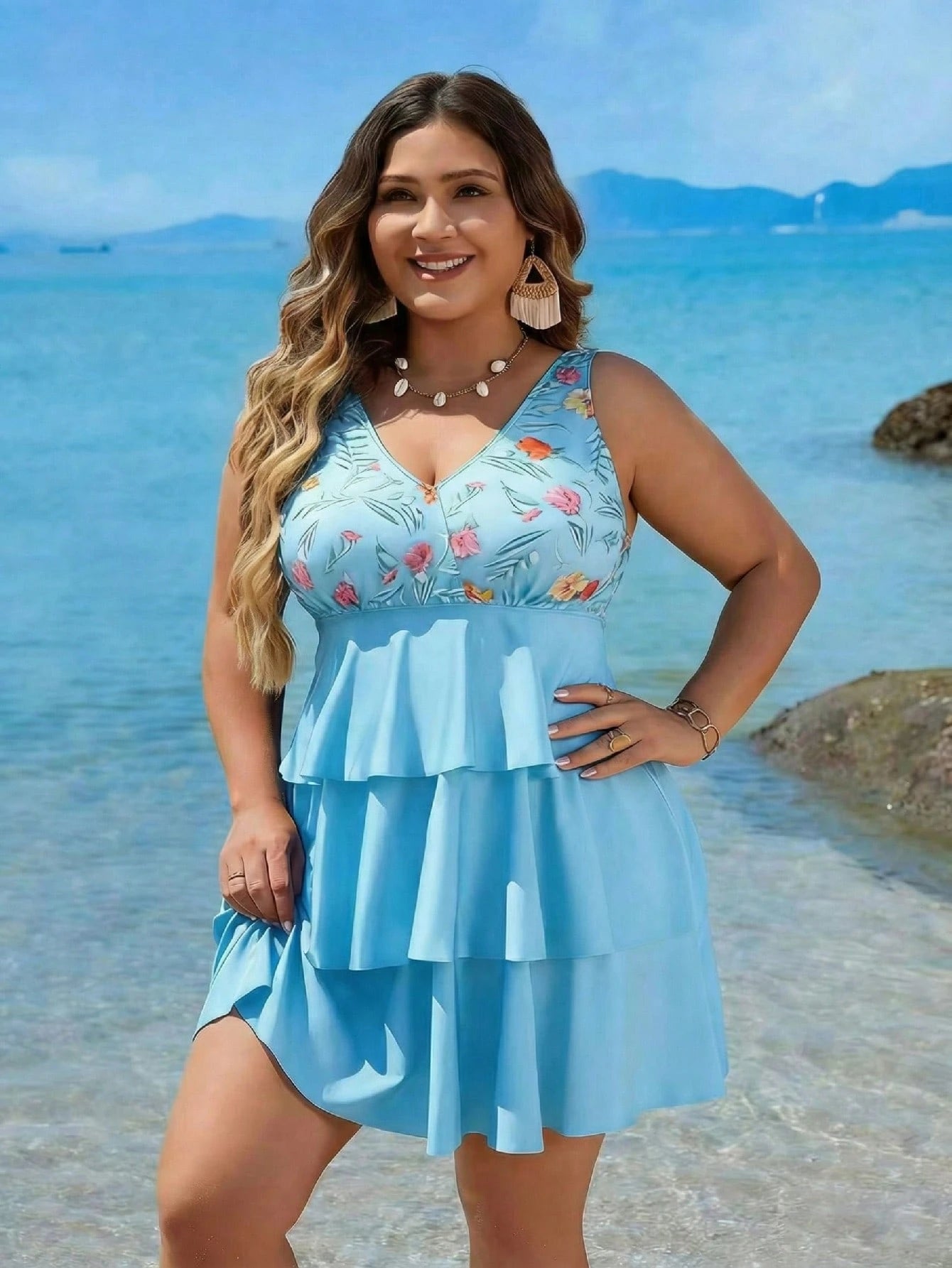 Swim Lushoire Plus Size Floral Print V-Neck Tankini Set (Top And Bottoms)