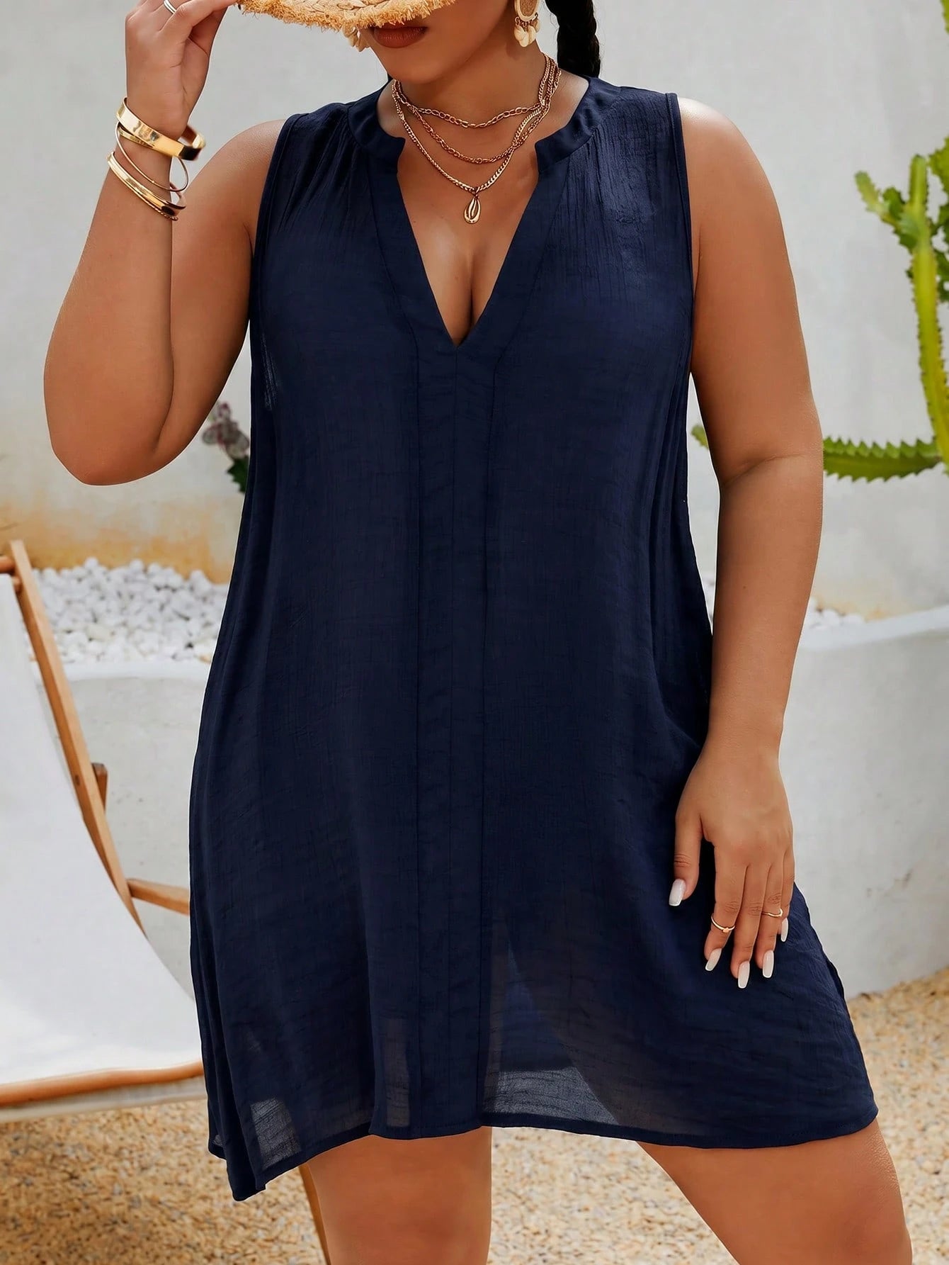 Swim Lushoire Plus Size Notch Neck Sleeveless Cover-Up Top For Vacation And Casual Wear Beach Vacation Navy Blue Summer