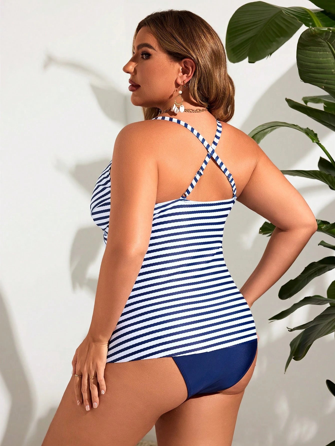 Swim Lushoire Plus Size Striped Deep V-Neck Wrap Tankini Set,Navy & White Summer Beach Holiday Tropical Nautical Tummy Control Swimwear With Solid Bottom