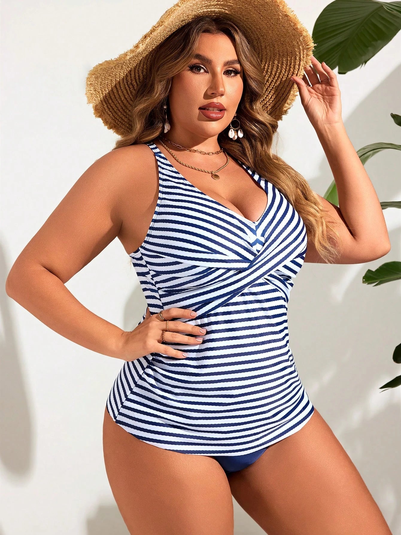Swim Lushoire Plus Size Striped Deep V-Neck Wrap Tankini Set,Navy & White Summer Beach Holiday Tropical Nautical Tummy Control Swimwear With Solid Bottom
