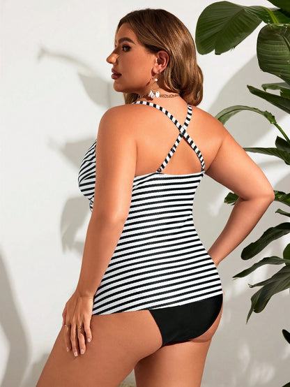 Swim Lushoire Plus Size Striped Deep V-Neck Wrap Tankini Set,Navy & White Summer Beach Holiday Tropical Nautical Tummy Control Swimwear With Solid Bottom