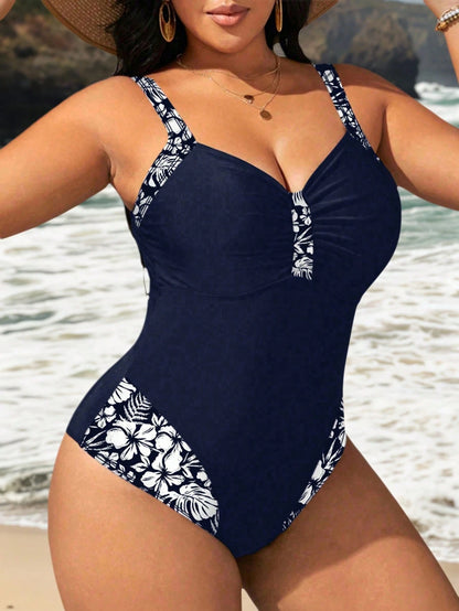 Swim Lushoire Plus Size Vacation Beach Floral Print Patchwork Spaghetti Strap One-Piece Swimsuit Summer