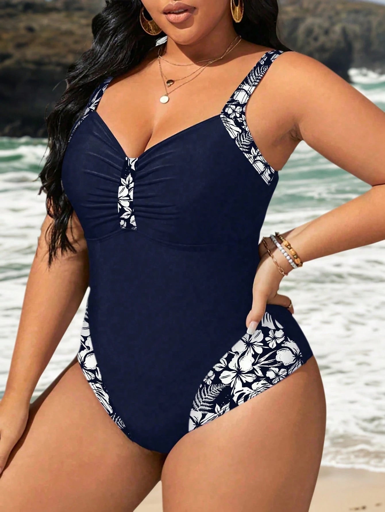 Swim Lushoire Plus Size Vacation Beach Floral Print Patchwork Spaghetti Strap One-Piece Swimsuit Summer