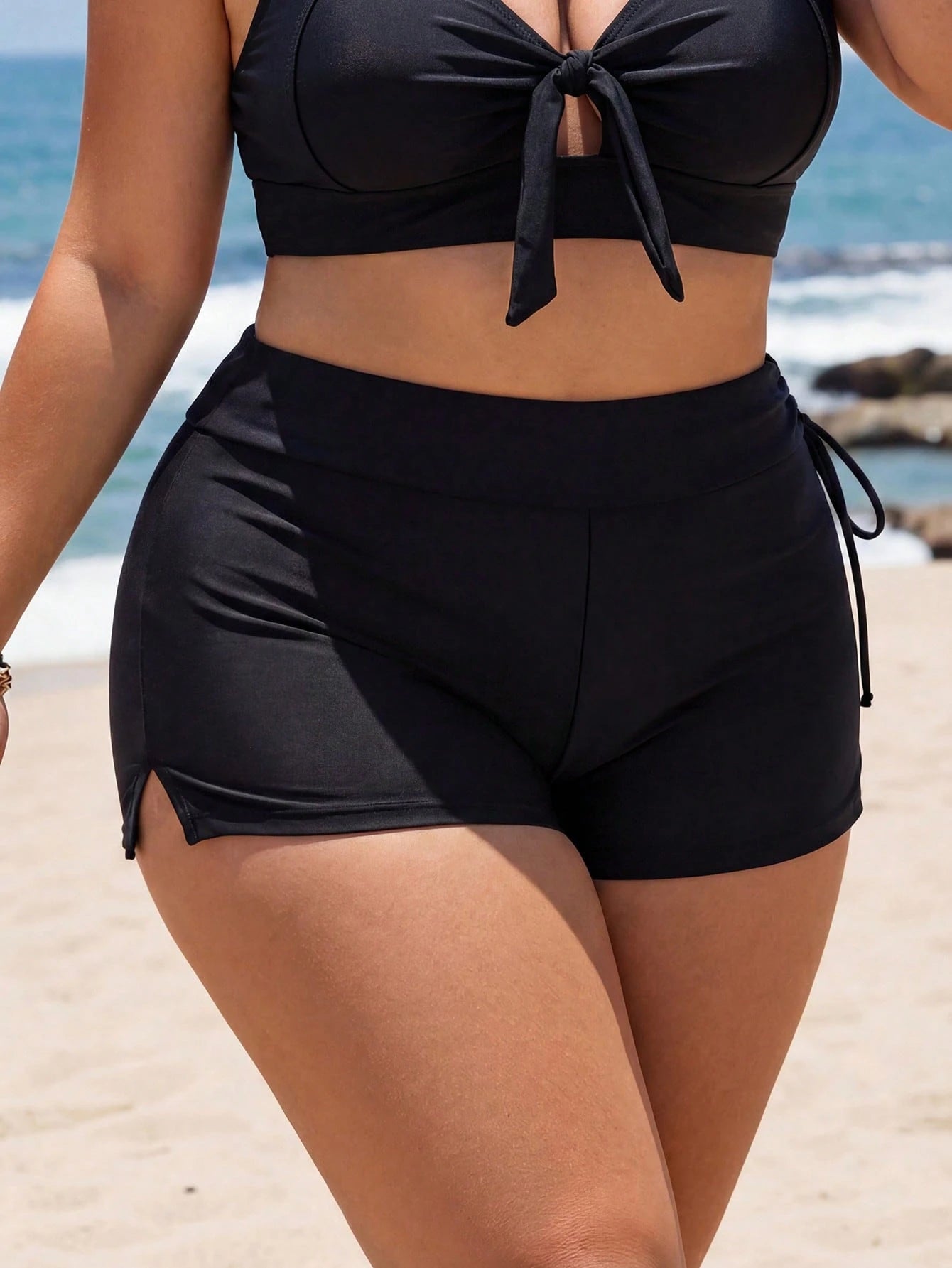 Swim Lushoire Plus Size Women 1 Piece Solid Color Drawstring Waist Tummy Cover Sports Beach Cycling Vacation Bikini Bottom Summer