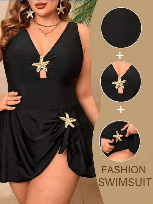 Swim Lushoire Plus Size Women 1Pc Black Metal Starfish Decor Sleeveless Low Neck One-Piece Swimsuit, Simple & Fashionable For Summer, Beach, Vacation