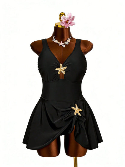 Swim Lushoire Plus Size Women 1Pc Black Metal Starfish Decor Sleeveless Low Neck One-Piece Swimsuit, Simple & Fashionable For Summer, Beach, Vacation