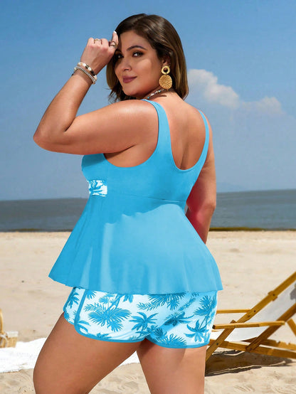 Swim Lushoire Plus Size Women 2-Piece Navy Blue Criss-Cross Tankini Swimwear Vacation Summer