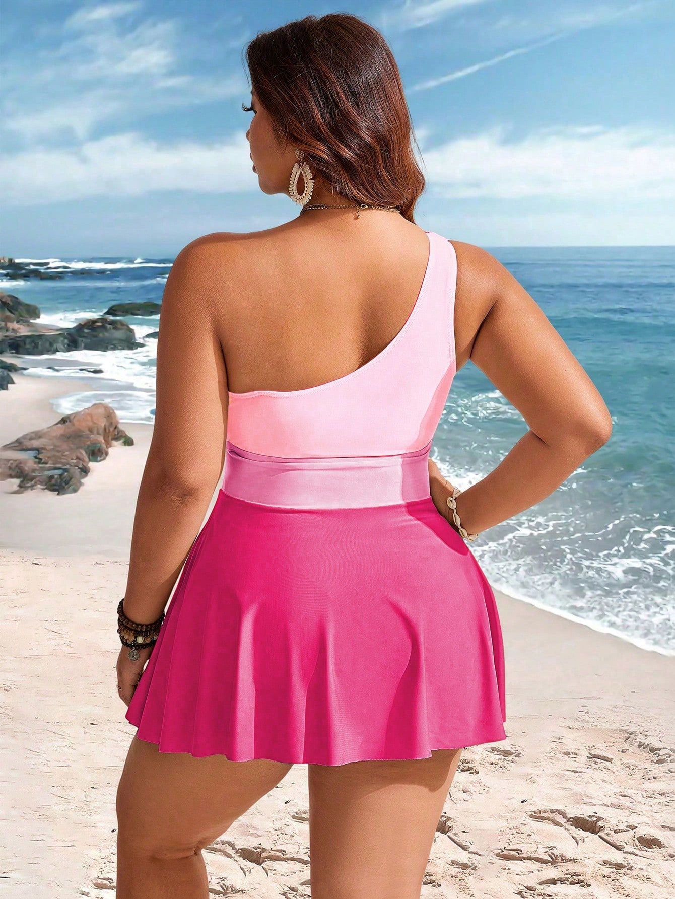 Swim Lushoire Plus Size Women 2pcs Contrast Color One Shoulder Cinched Waist Knee Length Casual Beach Dress Swimsuit