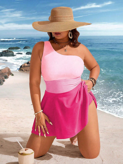 Swim Lushoire Plus Size Women 2pcs Contrast Color One Shoulder Cinched Waist Knee Length Casual Beach Dress Swimsuit