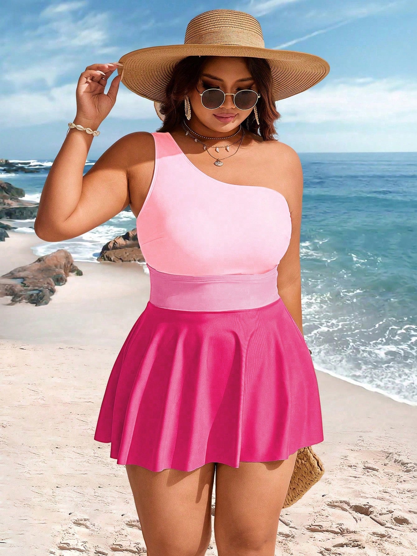 Swim Lushoire Plus Size Women 2pcs Contrast Color One Shoulder Cinched Waist Knee Length Casual Beach Dress Swimsuit